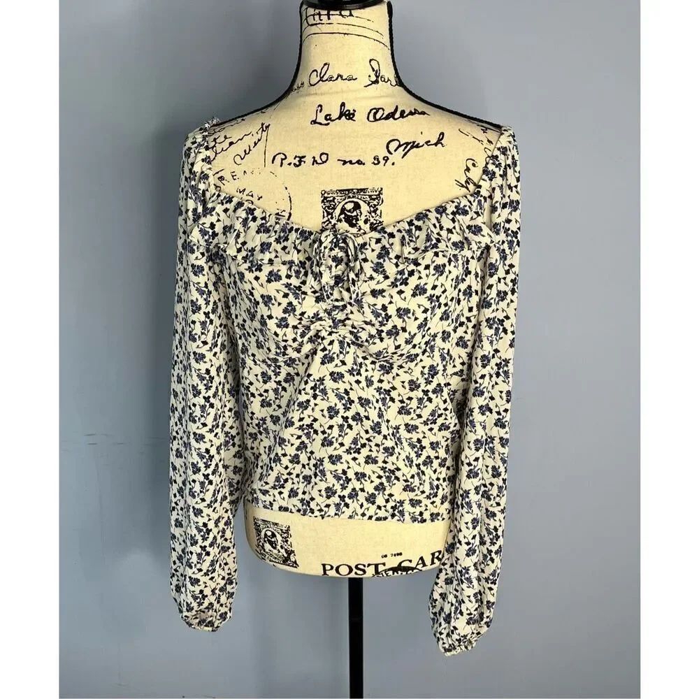 Lush Women's 2XL XXL Blue White Floral Off the Shoulder Cropped Shirt Top Blouse